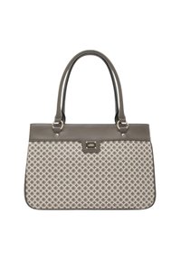 Graue Handtasche mit einem geometrisch gemusterten Stoffvorderteil, glattem Lederoberteil, doppelten Griffen, Hardware in Silberoptik und Logo-Plakette.