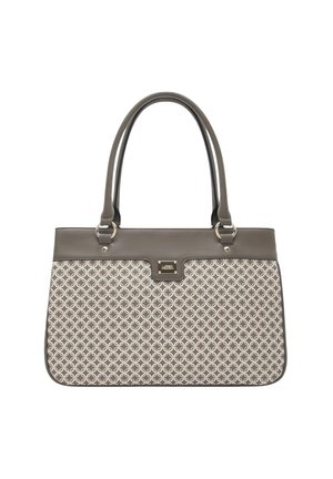 Sac à main gris avec un devant en tissu à motifs géométriques, une partie supérieure en cuir lisse, des poignées doubles, des accessoires en métal argenté et une plaque logo.