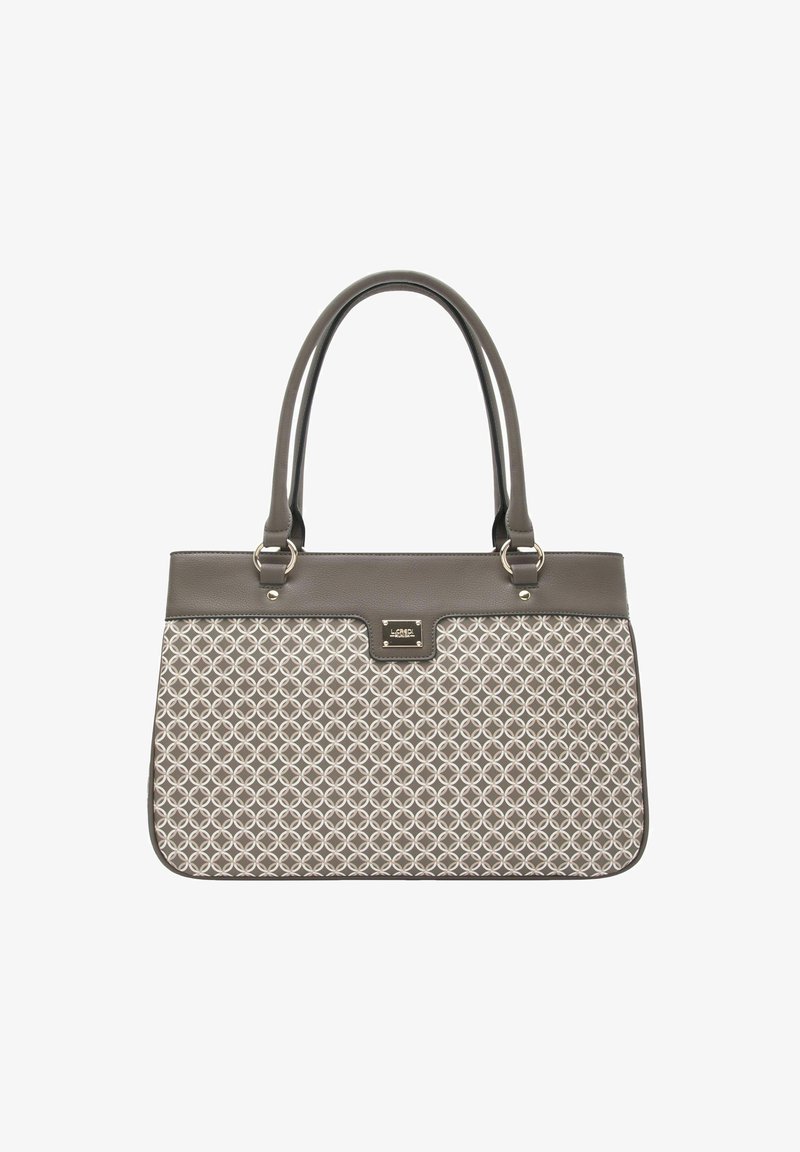 Borsa grigia con un davanti in tessuto a motivo geometrico, parte superiore in pelle liscia, doppio manico, hardware in tonalità argento e placchetta con logo.