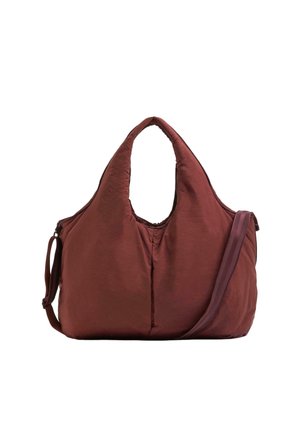 Large soft maroon shoulder bag with padded handles and an adjustable long strap.