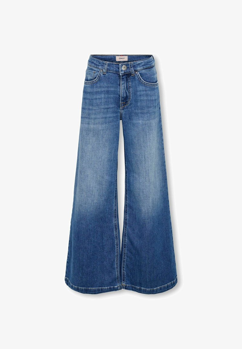 Plati zili džinsi izdena. Iespējas ietver augstu jostasvietu, priekšējās kabatas un nedaudz izbalējušu tekstūru. Apakšmala ir neapstrādāta un nedaudz frēzēta.