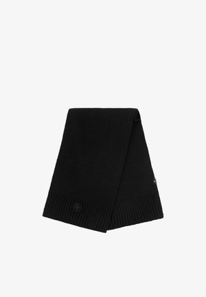 Sciarpa nera lavorata a maglia con texture a costine, un accento a bottone e estremità affusolate per una vestibilità aderente.