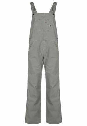 Szare ogrodniczki Carhartt z regulowanymi ramiączkami na ramionach, przednią kieszenią na piersi, bocznymi kieszeniami oraz luźnymi, prostymi nogawkami.