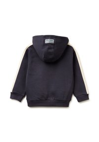 Sudadera con capucha en azul marino oscuro, con franjas laterales crema y puños acanalados. Tejido suave con una etiqueta en la parte posterior de la capucha.