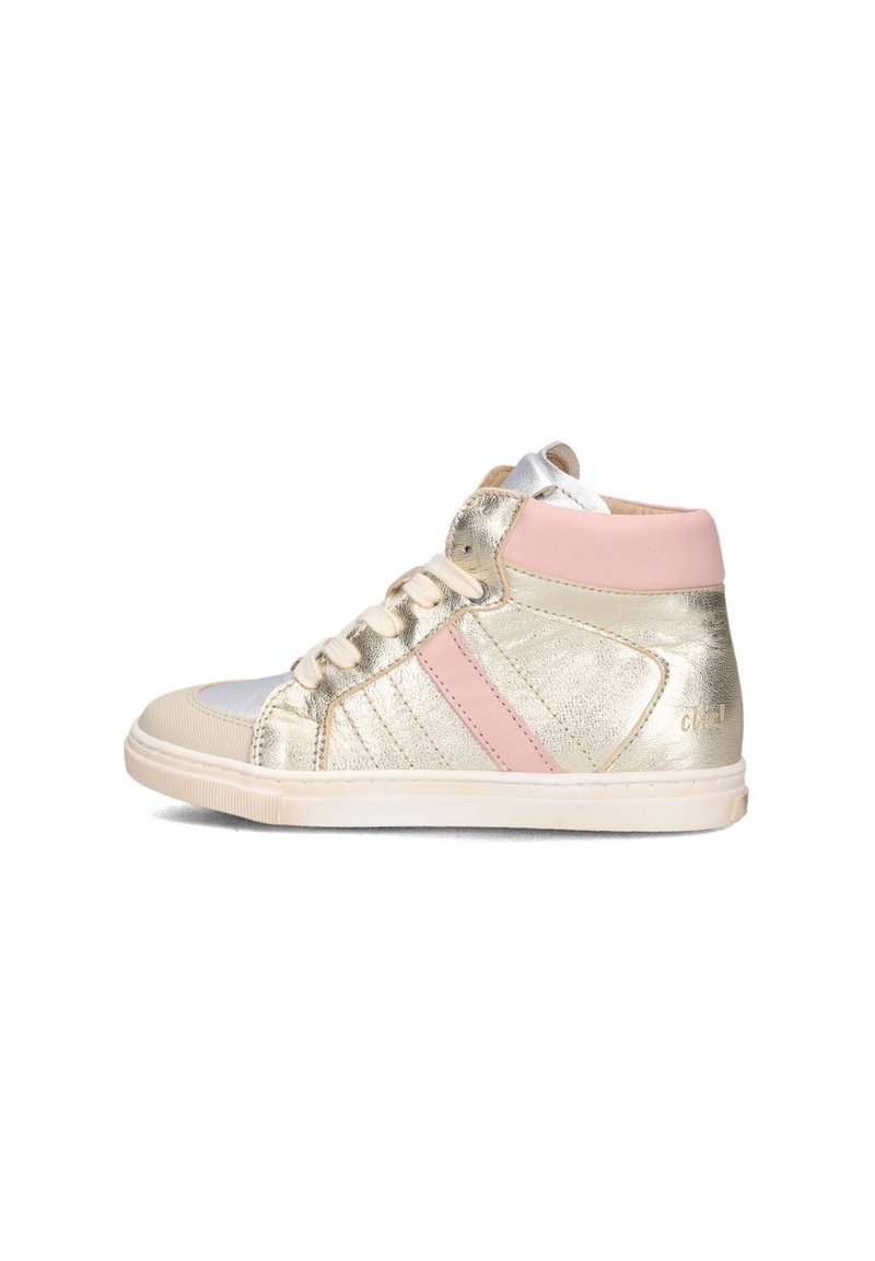 High-top sneakers with a metallic gold upper, pink accents, white laces, and a textured silver toe cap. Flat beige rubber sole.