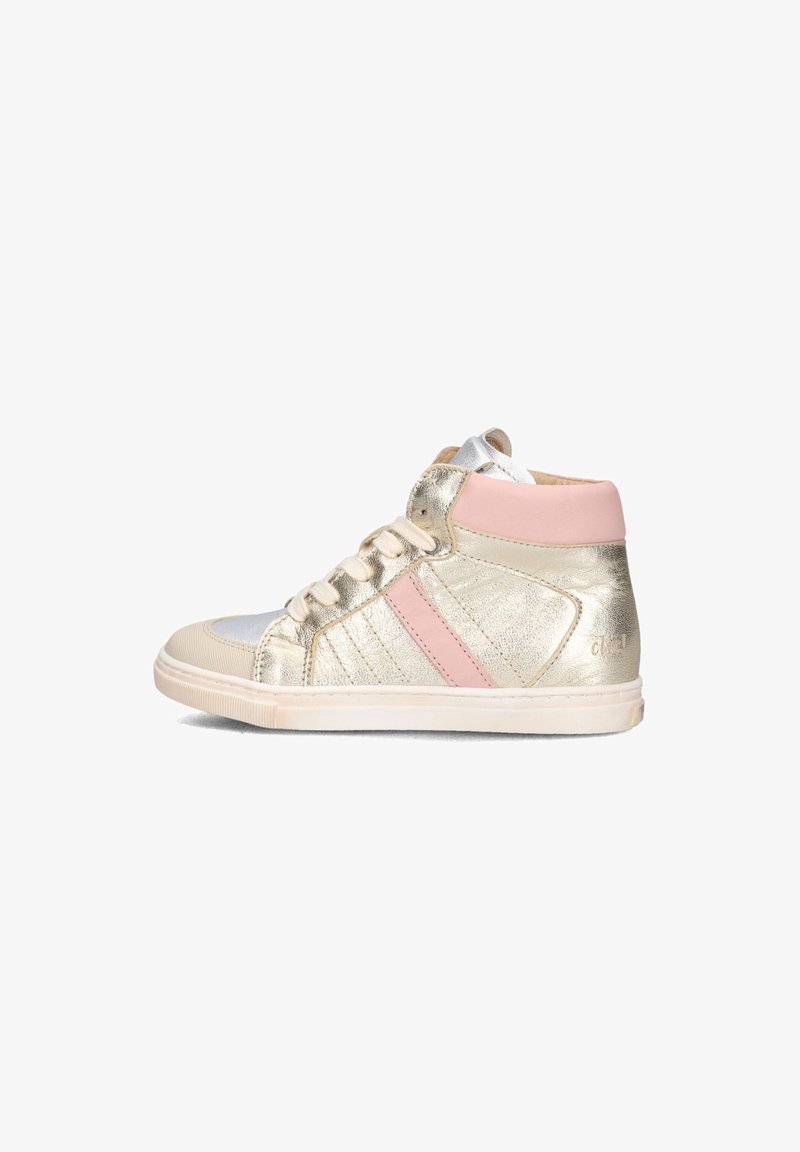 High-top sneakers with a metallic gold upper, pink accents, white laces, and a textured silver toe cap. Flat beige rubber sole.