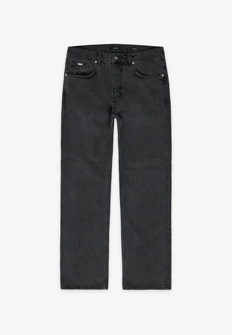 Μαύρα τζιν παντελόνια με σχέδιο ίσιου ποδιού, πέντε τσέπες και κλείσιμο με κουμπί. Διαθέτουν μια διακριτική υφή και μινιμαλιστικό στυλ.