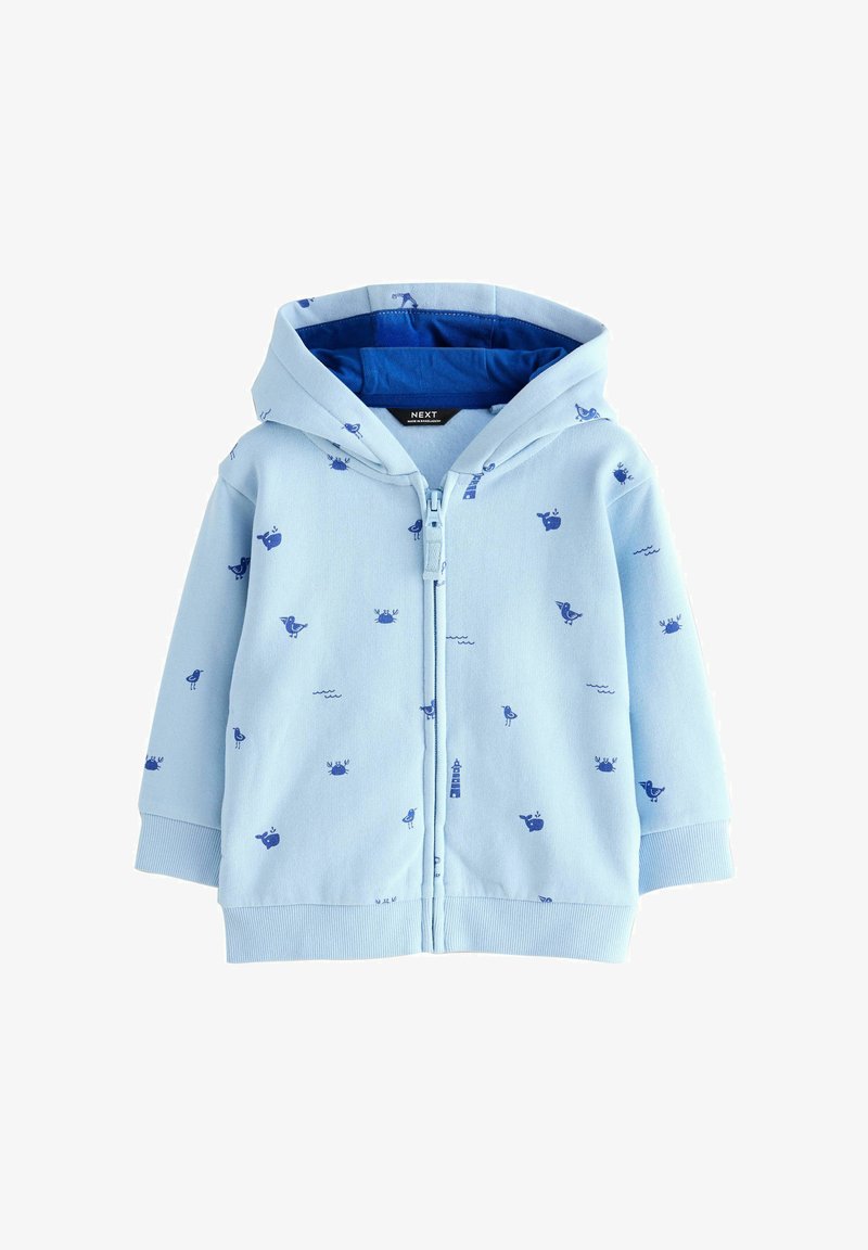 Light blue toddler hoodie with zipper, featuring small dark blue sea-themed prints like birds, crabs, whales, and lighthouses.