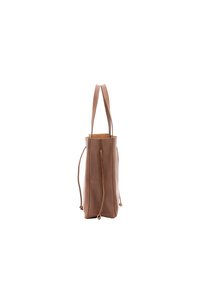 Borsa a tracolla in pelle marrone con due manici, design verticale, apertura superiore con chiusura a coulisse, texture liscia, aspetto minimalista.