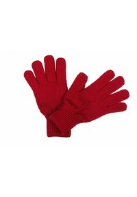 Guanti rossi lavorati a maglia con cinque dita, polsini a coste e tessuto testurizzato. Design funzionale per calore e comfort nelle giornate fredde.