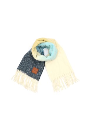 Knitted scarf with yellow, blue, grey, and cream colors. Features fringed ends and a small brown leather logo patch. Soft texture.