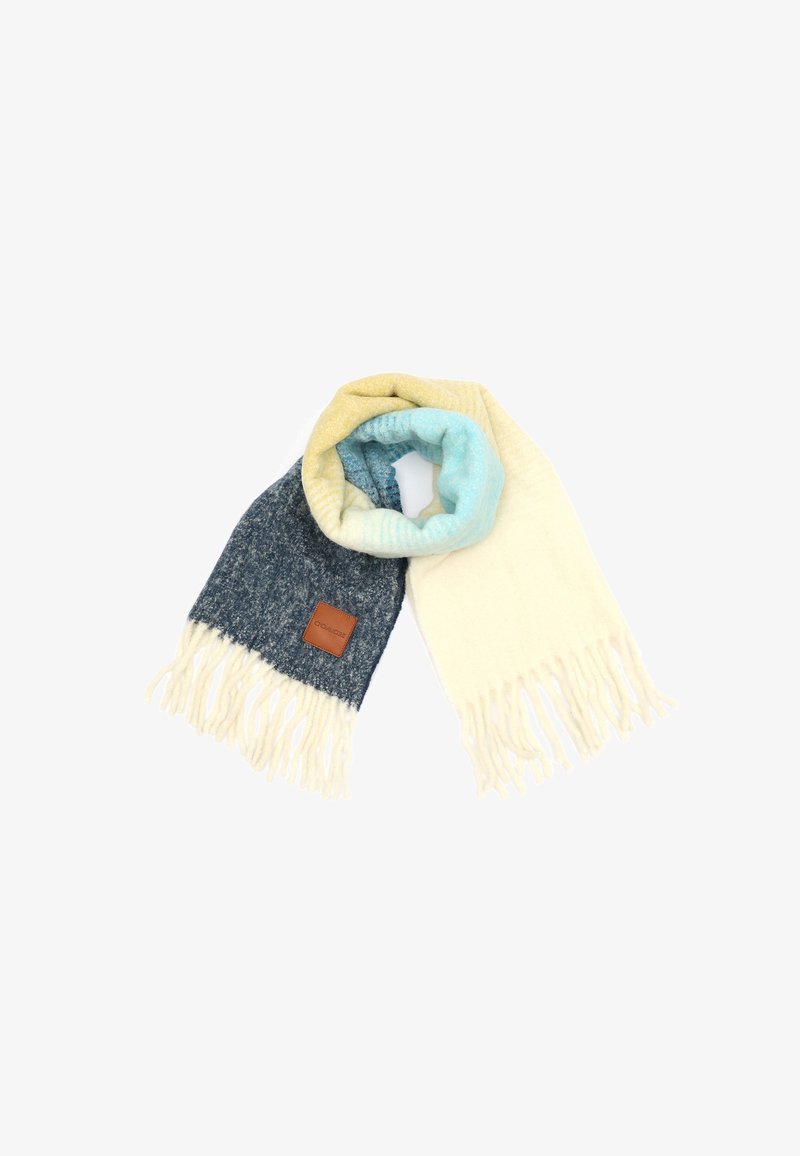 Écharpe tricotée avec des couleurs jaune, bleu, gris et crème. Présente des extrémités à franges et un petit badge en cuir marron. Texture douce.