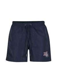 Jūras spēku peldbikses ar elastīgu jostasvietu un auklu. Apakšējā labajā pusē ir rozā logo un saules grafiskais dizains.