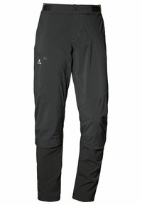 Schwarze Outdoor-Hosen aus leichtem, wasserabweisendem Material. Merkmale sind Taschen, verstärkte Nähte und eine seitliche Ziptasche.