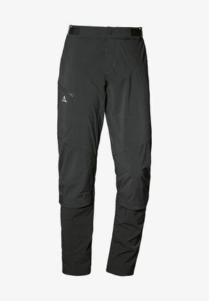 Black outdoor pants made of lightweight, water-resistant material. Features include pockets, reinforced seams, and a zippered side pocket.