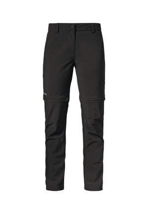 Black zip-off hiking pants made of durable fabric; features a button closure, pockets, and a versatile design for converting to shorts.