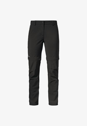 Black zip-off hiking pants made of durable fabric; features a button closure, pockets, and a versatile design for converting to shorts.