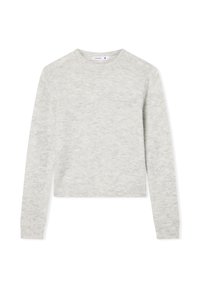 Jasnoszary sweter z okrągłym dekoltem, długimi rękawami i ściągaczami. Miła w dotyku tekstura z delikatnym, lekko marmurkowym wzorem.