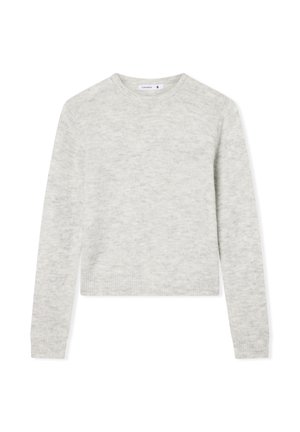 Jasnoszary sweter z okrągłym dekoltem, długimi rękawami i ściągaczami. Miła w dotyku tekstura z delikatnym, lekko marmurkowym wzorem.