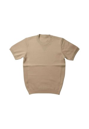 Maglione beige a maniche corte in maglia con scollo rotondo a coste, polsini e orlo, disteso su sfondo bianco.
