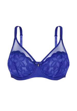 Blauer Spitzen-BH mit floraler Stickerei, transparenten Mesh-Obercups, verstellbaren Trägern und einer kleinen mittigen Schleife mit Charme-Detail.