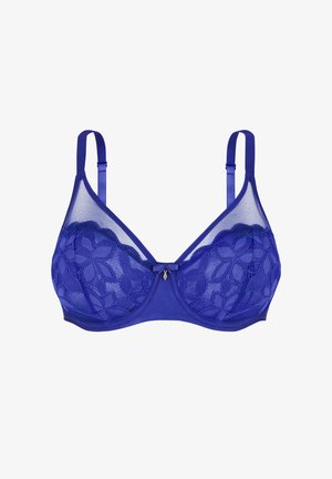Blauer Spitzen-BH mit floraler Stickerei, transparenten Mesh-Obercups, verstellbaren Trägern und einer kleinen mittigen Schleife mit Charme-Detail.