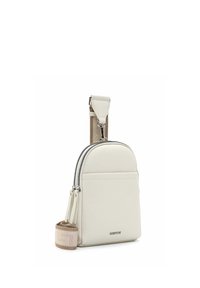 Väike valkjaskollane nahast õlakott kahe tõmblukuga, esitasku ning reguleeritava beeži riidest rihmaga, millel on nahast detail.