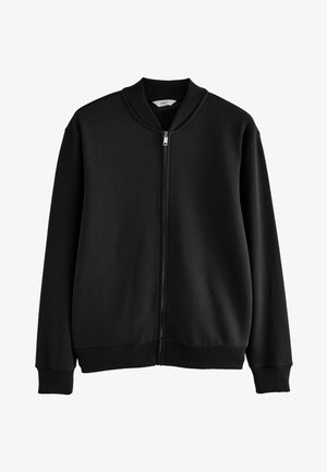Czarna kurtka bomberka wykonana z miękkiego materiału, z zamkiem z przodu, żebrowanym kołnierzem i mankietami, o gładkiej fakturze i minimalistycznym wzornictwie.