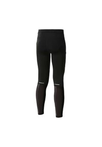 Svarta atletiska leggings med en slät yta, med ett högt midjeband, reflekterande detaljer och kontrasterande texturerade paneler på nedre delarna av benen.