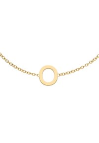 Zelta ķēdes kaklarota ar ovālu posma piekari, gludu virsmu, minimālistisku dizainu un vienmērīgi izvietotiem posmiem.