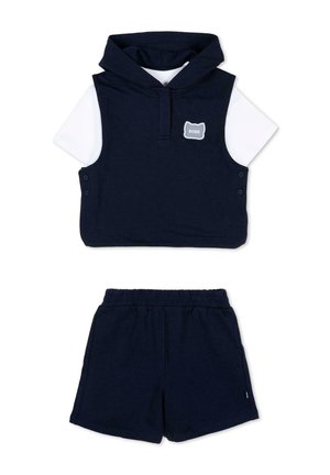 Felpa senza maniche blu navy con maniche corte bianche e pantaloncini elasticizzati blu navy coordinati, abbigliamento casual per bambini.