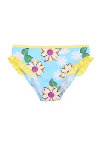 Bañadores con fondo azul claro, patrón floral que incluye girasoles y hojas, bordes amarillos con volantes y cinturilla elástica.