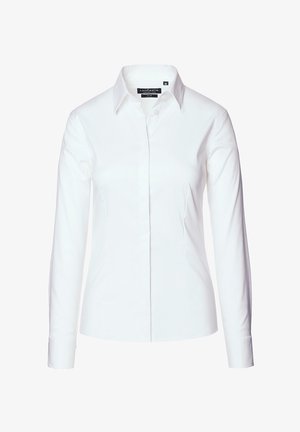 Biała koszula zapinana na guziki wykonana z gładkiej bawełny, z klasycznym kołnierzykiem, długimi rękawami i dopasowanym krojem. Posiada centralną listwę guzikową.