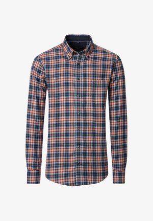 Koszula na guziki w wielobarwny wzór w kratę, zawierająca odcienie niebieskiego, czerwonego i białego, z kołnierzykiem i długimi rękawami. Szczegół z kieszenią z przodu.