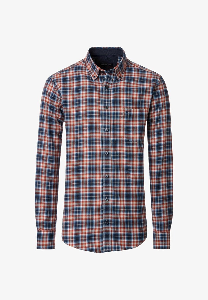 Overhemdd met knopen, in een meerkleurig geruit patroon met tinten blauw, rood en wit, voorzien van een kraag en lange mouwen. Detail met een borstzak aan de voorkant.