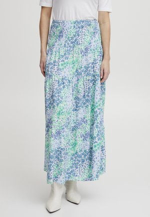 Maxi rok met een blauw en groen bloemmotief, gesmockte tailleband en een gelaagd ontwerp. Gemaakt van lichtgewicht stof met een vloeiende textuur.