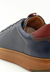 Sneaker in pelle blu con accenti marroni, lacci scuri texture e suola in gomma. Caratterizzato da un lato con marchio e rivestimento interno a motivi.