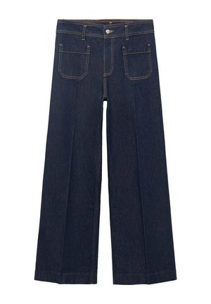 Wide-leg dark denim jeans with a straight cut, featuring two back pockets and contrasting stitching along seams.