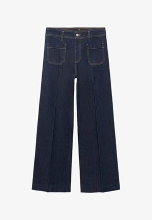 Wide-leg dark denim jeans with a straight cut, featuring two back pockets and contrasting stitching along seams.