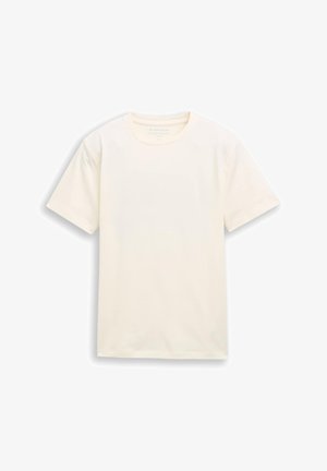 T-shirt à manches courtes en coton beige clair. Encolure ronde classique, texture douce, ourlet droit, sans motifs ni embellissements.