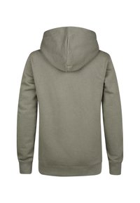 Sudadera con capucha en verde oliva, hecha de tejido suave. Presenta puños y dobladillo acanalados, y un diseño trasero simple y limpio sin adornos.