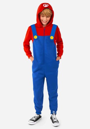Red and blue fleece onesie with a hood, featuring oversized buttons and a front zipper. Black sneakers complete the outfit.