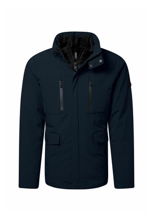 Marineblau gefütterte Jacke mit hohem Kragen, zwei mit Reißverschluss versehenen Brusttaschen und zwei Vorderklapptaschen, mit Reißverschluss und Logoakzent.