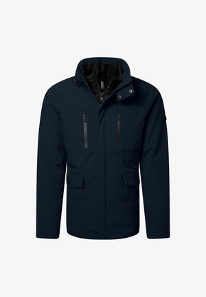 Marineblauwe geïsoleerde jas met een hoge kraag, twee ritszakken op de borst en twee voorvakflappen, met ritssluiting en logoaccent.