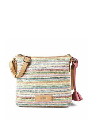 Crossbody bag with multicolor zigzag knit pattern, beige adjustable strap, pink leather tassel, and beige brand patch labeled "Gabor."