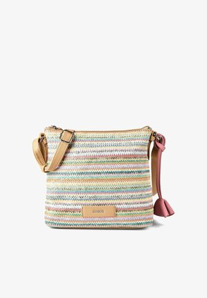 Umhängetasche mit mehrfarbigem Zickzack-Strickmuster, beigem verstellbarem Riemen, rosa Lederquaste und beigem Markenetikett mit der Aufschrift "Gabor".