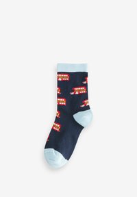 Marineblaue Socken mit hellblauen Akzenten, die mit roten Londoner Bus-Mustern durchzogen sind. Hergestellt aus weichem Stoff mit einer bequemen Passform.