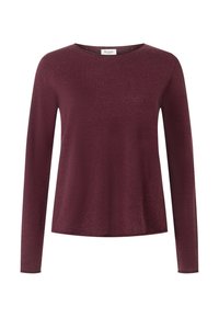 Długi rękaw w kolorze burgunda, wykonany z miękkiego materiału. Posiada okrągły dekolt i lekko luźny krój. Brak widocznych wzorów lub ozdób.