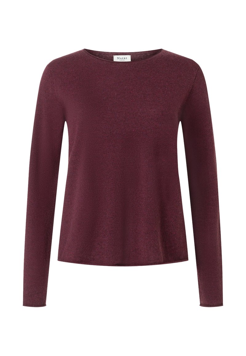 Długi rękaw w kolorze burgunda, wykonany z miękkiego materiału. Posiada okrągły dekolt i lekko luźny krój. Brak widocznych wzorów lub ozdób.