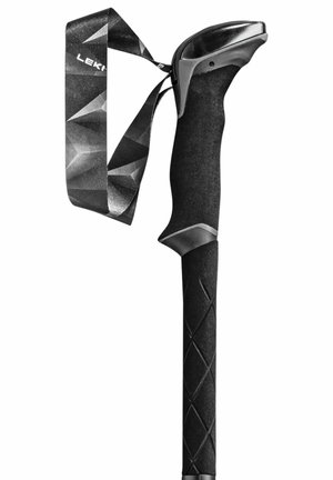 Schwarzer Wanderstock mit strukturiertem Griff, ergonomischem Handgriff und verstellbarem Riemen. Verfügt über eine rautenförmige Griffstruktur für zusätzlichen Komfort.